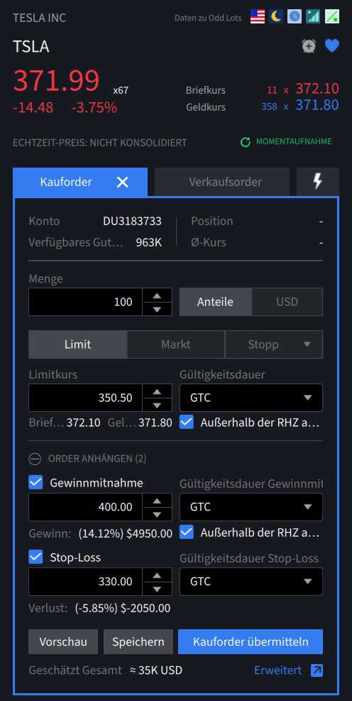 Die Order-Eingabe ist einfach im WHS Desktop.